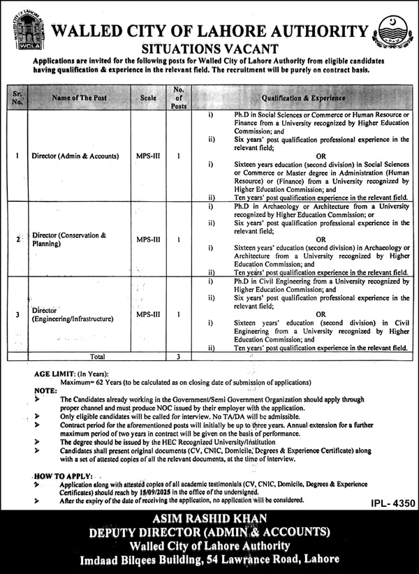 Jobs in Walled City of Lahore Authority